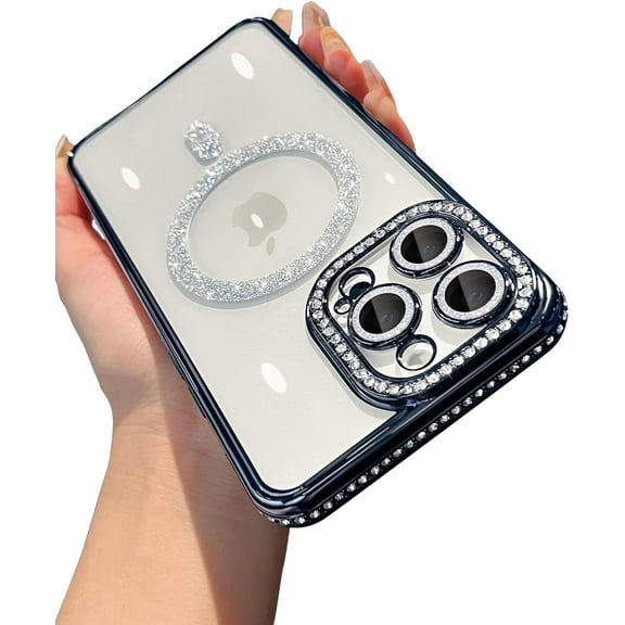 Compatible for iPhone 14 Pro Max Case Magnetic Luxury Plating Cute Bling Rhinestones Diamond Bumper Sparkly Shockproof Cover for Women Girl [Compatibility with MagSafe] - Black