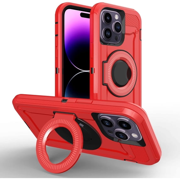 Compatible with iPhone 14 Pro Max Case with Ring Stand, Heavy-Duty Protective with Magnetic Car Mount Holder Kickstand Anti-Scratch Full Shockproof Protective Case for iPhone 14 Pro Max Red
