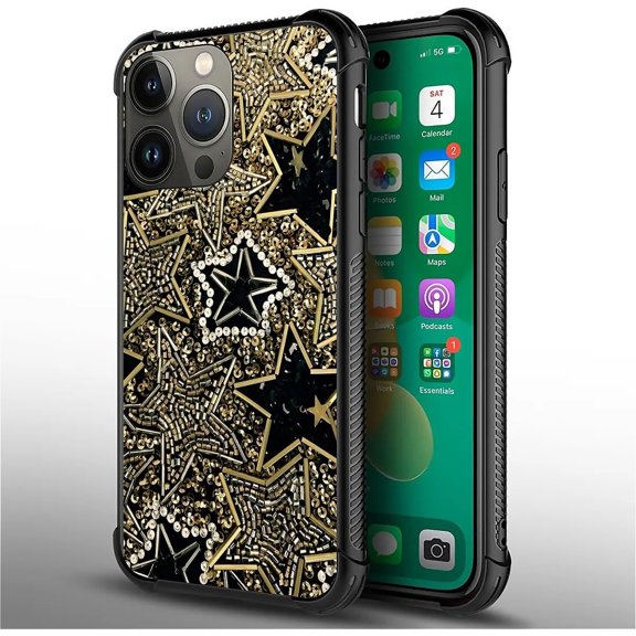 Compatible with iPhone 14 Pro Max Case, Ultimate Protection: Back+Soft Silicone Acrylic TPU Design for Shockproof Fall Prevention Black and Gold Sequins