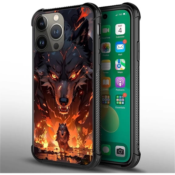 Compatible with iPhone 14 Pro Max Case, Ultimate Protection: Back+Soft Silicone Acrylic TPU Design for Shockproof Fall Prevention Black Wolf with Glowing Orange Eyes