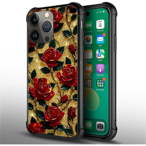 Compatible with iPhone 14 Pro Max Case, Ultimate Protection: Back+Soft Silicone Acrylic TPU Design for Shockproof Fall Prevention Glittering Golden Roses
