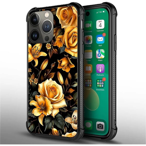 Compatible with iPhone 14 Pro Max Case, Ultimate Protection: Back+Soft Silicone Acrylic TPU Design for Shockproof Fall Prevention Yellow Roses and Lilies