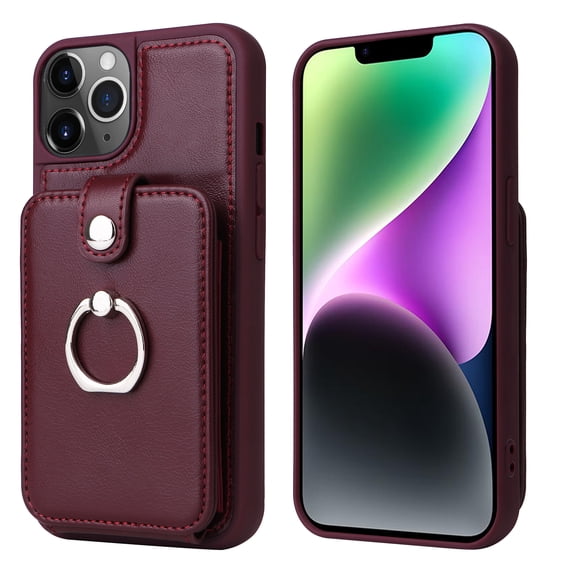Compatible for iPhone 14 Pro Max Case Wallet with Accordion Card Holder, Rotation Finger Ring Holder Stand, Elegant PU Leather Protective Secure Button Shockproof Cover for iPhone 14 Pro Max, Winered