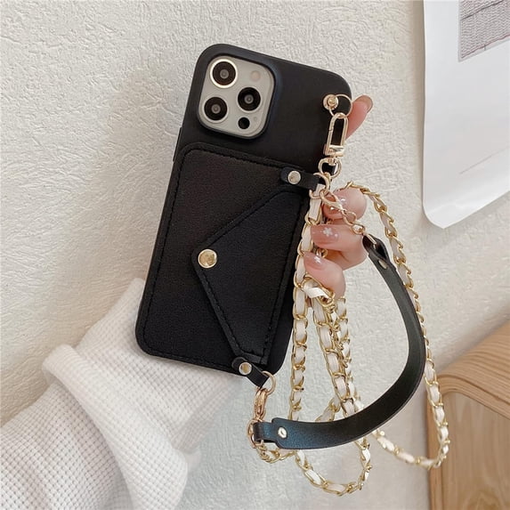 Compatible with iPhone 14 Pro Max Case with Wallet Card Holder Crossbody Neck Strap Lanyard Handbag Fashion Luxury Protection Shockproof Cover for Women Girls Black