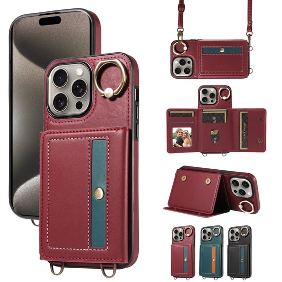 Compatible with iPhone 14 Pro Max Case Wallet Card Holder Leather PU Cover Folio Lanyard Crossbody Strap Women Girl Magnetic Clasp Kickstand Ring Holder Shockproof Protective Case,Red