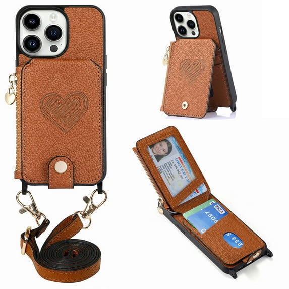 Compatible with iPhone 14 Pro Max Case Wallet, with Credit Card Holder Zipper Pocket Crossbody Strap Heart Pattern PU Leather Magnetic Clasp Kickstand Heavy Duty Protective Flip Cover, Brown