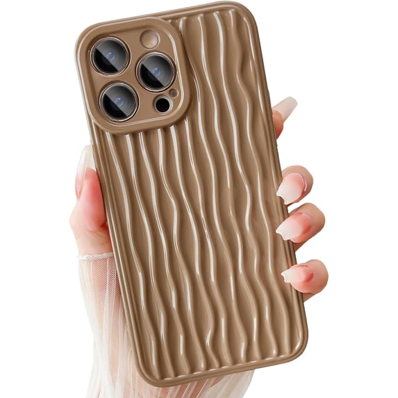 Compatible for iPhone 14 Pro Max Case Water Ripple Curly Wave Pattern Cute Phone Case Soft TPU Shockproof Full Camera Lens Protective for iPhone 14 Pro Max Case for Women Girl - Khaki