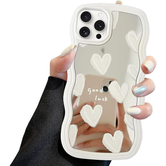 Compatible with iPhone 14 Pro Max Case with Wavy Edge, Cute White Heart Mirror Curly Phone Cases, Shockproof Hard PC & Soft TPU Bumper Protection Cover for Women Girls