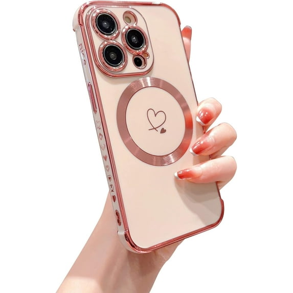 Compatible with iPhone 14 Pro Max Case for Women 2022, Luxury Love Heart Pattern Plating Cover, Compatible with MagSafe Soft TPU Shockproof Compatible with iPhone 14 Pro Max Case 5G (Pink)