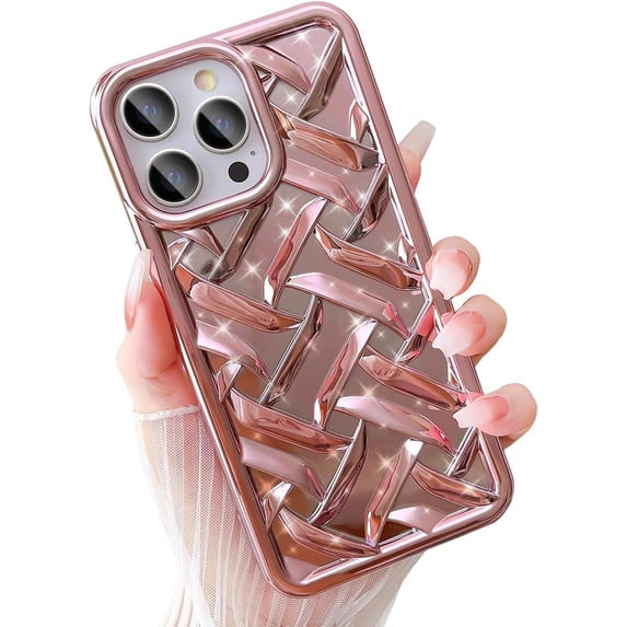 Compatible for iPhone 14 Pro Max Case for Women Electroplate Luxury Woven Pattern Phone Case Soft TPU Shockproof Camera Lens Protective for iPhone 14 Pro Max Phone Case 6.7 inch - Rosegold
