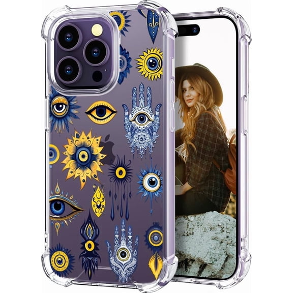 Compatible with iPhone 14 Pro Max Case for Women Girls Clear Design Cute, 14 Promax Protector Girly Transparent Hamsa Hand Evil Eyes Eye of Providence