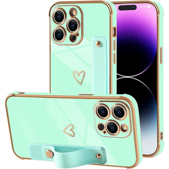 Compatible with iPhone 14 Pro Max Case for Women Girls,Soft TPU Cute Love Heart Plating Bumper Wristband Holder Bling Phone Case Slim Anti-Scratch Shockproof Luxury Case Cover(Elegant Green)