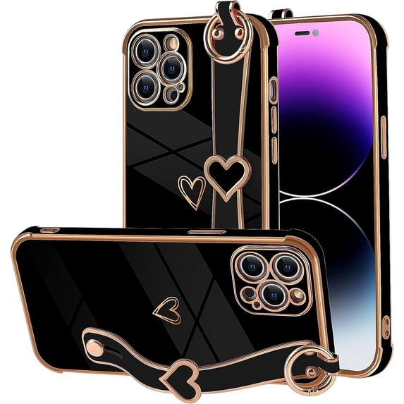 Compatible with iPhone 14 Pro Max Case for Women Girls,Soft TPU Cute Love Heart Plating Electroplate Wristband Bumper Holder Bling Case Slim Anti-Scratch Shockproof Luxury Case(Elegant Black)