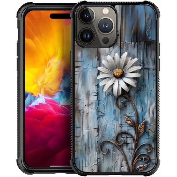 Compatible with iPhone 14 Pro Max Case, Wood Grain Daisy Flowers Case for for Men Woman, Anti-Scratch Soft TPU Shockproof Unique Protective Cover Pattern Design
