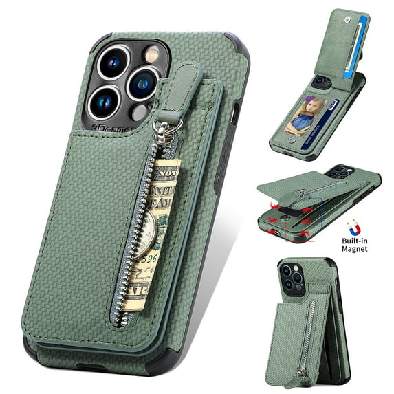 Compatible with iPhone 14 Pro Max Case Zipper Pouch Wallet with Credit Card Holder, Flip Premium Leather Magnetic Clasp Kickstand Protective Cover for iPhone 14 Pro Max 6.7 Inch, Green