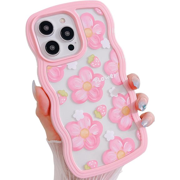 Compatible with iPhone 14 Pro Max Clear Case,Cute Blue Oil Flower Pattern Curly Wave Frame Design, Aesthetic Soft TPU Shockproof Protective for Girl Women-Blue Flower Strawberry