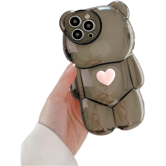 Compatible with iPhone 14 Pro Max Clear Case Cute Cartoon Bear for Women Girls Girly Kawaii Case 3D Heart Design Camera Lens Protective Soft Slim TPU Shockproof Cover for iPhone 14 Pro Max