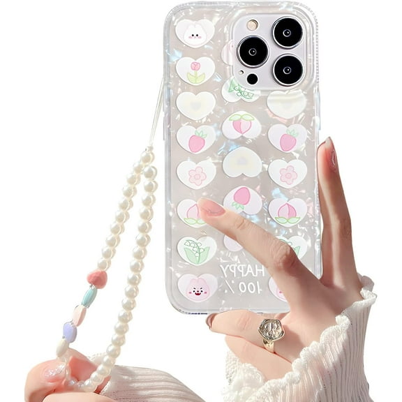 Compatible with iPhone 14 Pro Max Clear Case, Cute Cartoon Love Heart Flower Pattern Design with Heart Pearl Lanyard Wrist Strap,Soft TPU Protective Shockproof Girly Case for Women Girl