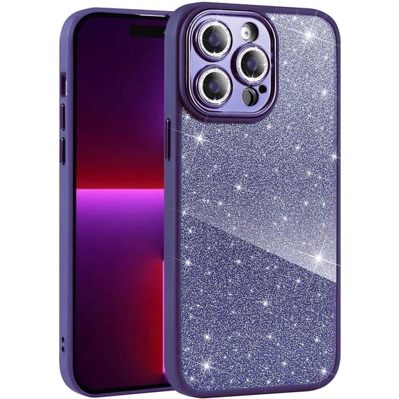 Compatible with iPhone 14 Pro Max Clear Case, Luxury Glitter Cute Bling Clear Phone Case for Women Girls Soft TPU Shockproof Camera Protective Back Cover Case - Purple