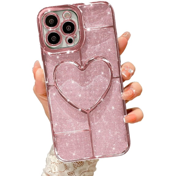 Compatible with iPhone 14 Pro Max Clear Glitter Case-6.7 Inch, Cute 3D Design Love Heart Pattern Plating Bling Case for Women Girls Soft TPU Shockproof Camera Protective Back Cover-Pink