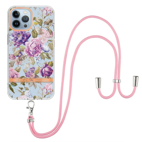 Compatible with iPhone 14 Pro Max Clear TPU Flower Pattern Case, iPhone 14 Pro Max Case with Strap Crossbody Adjustable Neck Lanyard Case Phone Cover Designed for iPhone 14 Pro Max,Flower#6