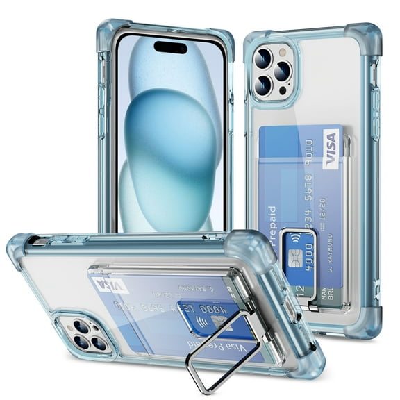 Compatible with iPhone 14 Pro Max Crystal Case, Minimalist Wallet Case with Card Holder [up to 2 Cards] & Ring Stand/Kickstand, [Drop Protection] Slim Four Corner Shockproof Phone Cover, Blue