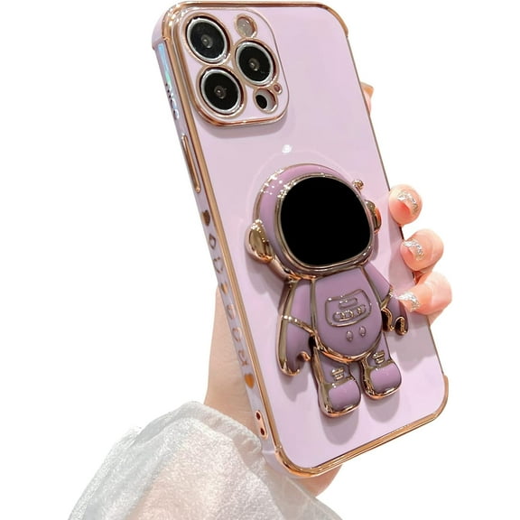 Compatible with iPhone 14 Pro Max Cute Astronaut Plated Stand Holder Phone Case Luxury Electroplated Edge Case with Side Small Heart Pattern for Women Soft Shockproof Kickstand Bumper(Purple)