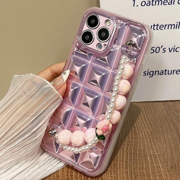 Compatible with iPhone 14 Pro Max Cute Case Chain 3D Diamond Pattern Clear Wrist Strap Bead Flower Chain Glossy Protection Fashion Shockproof Cover for Women Girls