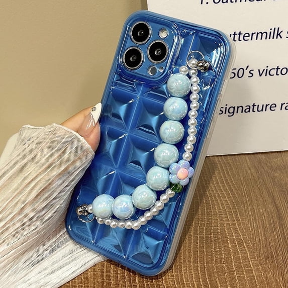 Compatible with iPhone 14 Pro Max Cute Case Chain 3D Diamond Pattern Clear Wrist Strap Bead Flower Chain Glossy Protection Fashion Shockproof Cover for Women Girls