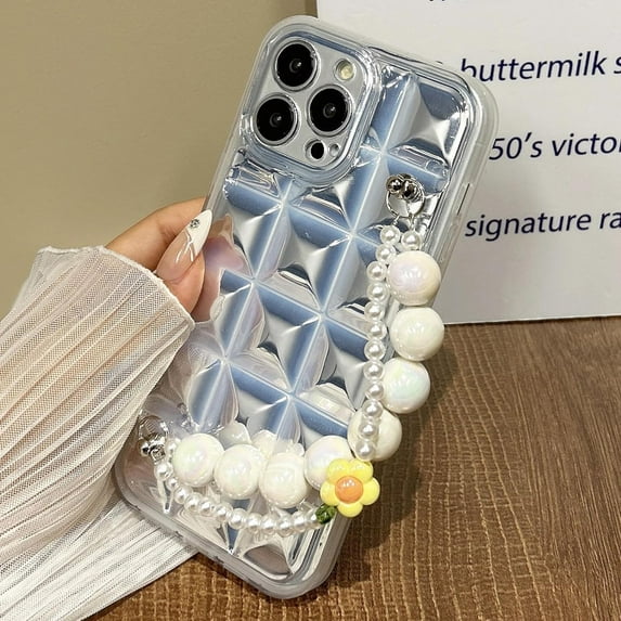 Compatible with iPhone 14 Pro Max Cute Case Chain 3D Diamond Pattern Clear Wrist Strap Bead Flower Chain Glossy Protection Fashion Shockproof Cover for Women Girls