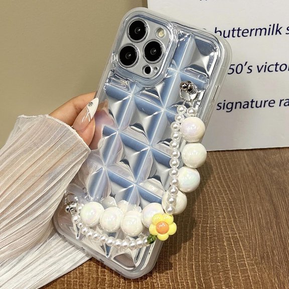 Compatible with iPhone 14 Pro Max Cute Case Chain 3D Diamond Pattern Clear Wrist Strap Bead Flower Chain Glossy Protection Fashion Shockproof Cover for Women Girls