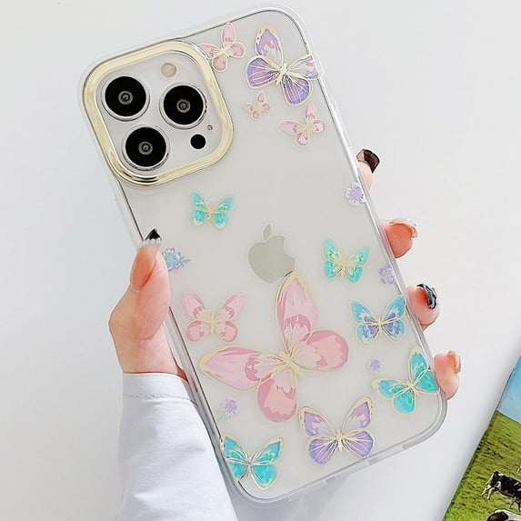 Compatible with iPhone 14 Pro Max Cute Case Glossy Butterfly Shiny Blue Clear Bling Glitter Luxury Soft TPU Bumper Ultra Thin Slim Lightweight Shockproof Protective Cover for Girls Women