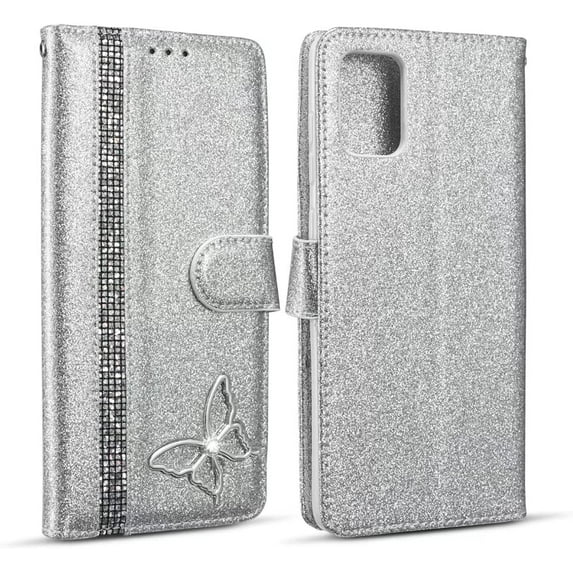 Compatible with iPhone 14 Pro Max Diamond Wallet Case Kickstand Card Full Protection Bling Sparkling Sequin Butterfly Fashion Luxury Shockproof Cover for Women Girls