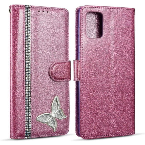 Compatible with iPhone 14 Pro Max Diamond Wallet Case Kickstand Card Full Protection Bling Sparkling Sequin Butterfly Fashion Luxury Shockproof Cover for Women Girls