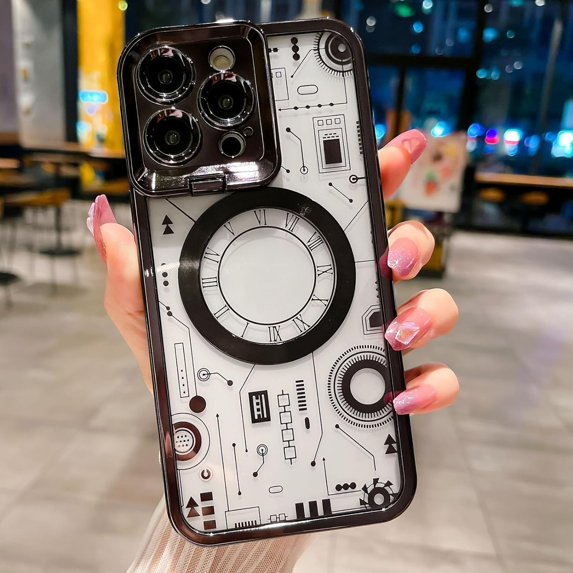 Compatible with iPhone 14 Pro Max Electroplated Glossy Invisible Lens Bracket Stand Magnetic Circuit Board Pattern TPU Clear Soft Fashion Unique Shockproof Protection Cover for Women Man Black