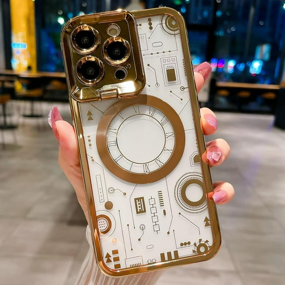 Compatible with iPhone 14 Pro Max Electroplated Glossy Invisible Lens Bracket Stand Magnetic Circuit Board Pattern TPU Clear Soft Fashion Unique Shockproof Protection Cover for Women Man Gold
