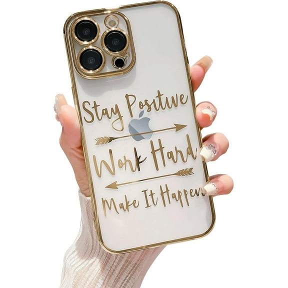 Compatible with iPhone 14 Pro Max, Fashion Plating Pattern Clear Case, Handwritten Letter and Cupid's Arrow Design Case for Women Girls Full Camera Lens Protective Back Cover-Gold