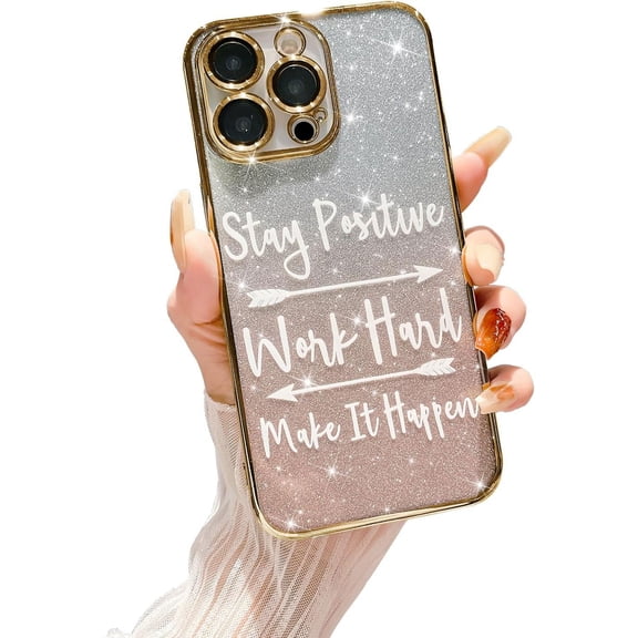Compatible with iPhone 14 Pro Max, Fashion Plating Pattern Slogan Bling Case, Handwritten Letter and Cupid's Arrow Design Case for Women Girls Full Camera Lens Protective Back Cover-Gold