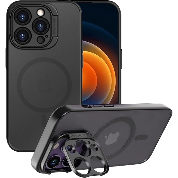 Compatible with iPhone 14 Pro Max Frosted Stand Case Magnetic Lens Frame Bracket Invisible Kickstand Fashion Shockproof Protection Cover for Women Man Black