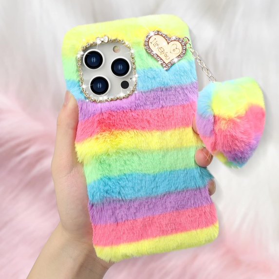 Compatible with iPhone 14 Pro Max Furry Case with Cute Love Heart Fuzzy Colorful Ball Pendant for Women Girls Cute Plush Case Luxury Bling Diamond Rhinestones Shockproof Protective Cover
