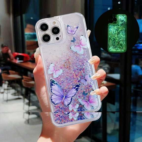 Compatible with iPhone 14 Pro Max Glitter Butterfly Case Glow in The Dark Women Girls Girly Bling Sparkle Flowing Quicksand Light up Case Soft TPU Bumper Luminous Clear Phone Cover, Purple