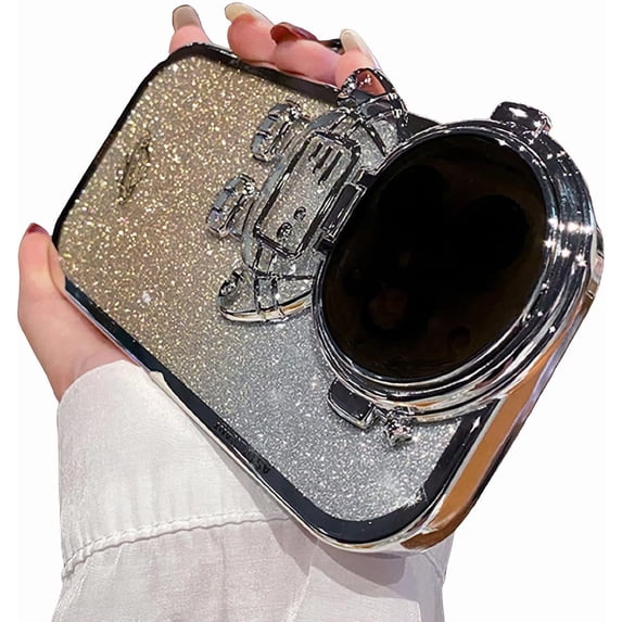Compatible with iPhone 14 Pro Max Glitter Case,Bling Sparkly Plating Astronaut Stand Case Cute Astronaut Camera Soft Shockproof Shiny Clear Cover Bumper Case for iPhone 14 Pro Max (Silver)