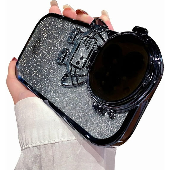 Compatible with iPhone 14 Pro Max Glitter Case,Bling Sparkly Plating Astronaut Stand Case Cute Astronaut Camera Soft Shockproof Shiny Clear Cover Bumper Case for iPhone 14 Pro Max (Black)