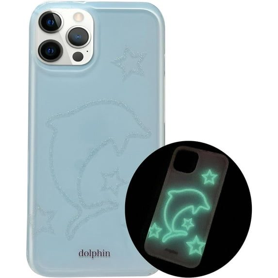 Compatible with iPhone 14 Pro Max Glow in The Dark Case Dolphin Star Pattern Cute Blue Bling Sparkling Clear Lightweight Unique Shockproof Protection Cover for Women Girls