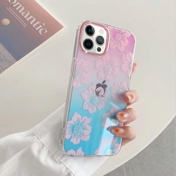 Compatible with iPhone 14 Pro Max Gradient Clear Case Bling Shiny Cherry Pattern Blossoms Electroplating Lens Frame Bumper Fashion Luxury Shockproof Cover for Women Girls