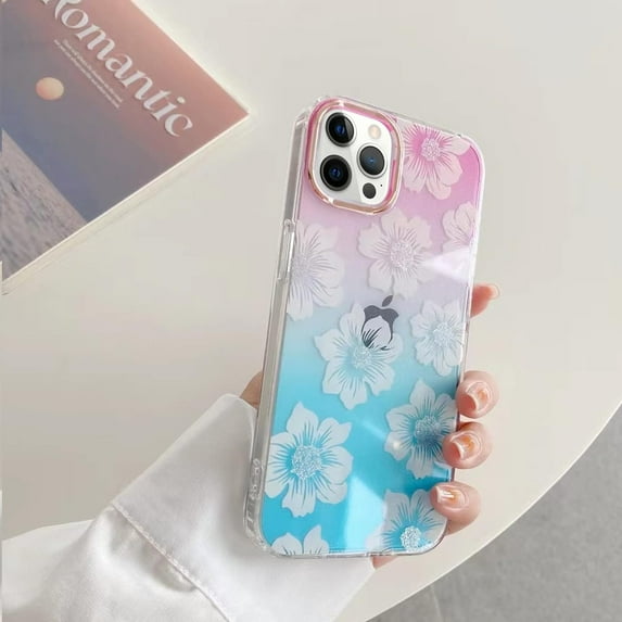Compatible with iPhone 14 Pro Max Gradient Clear Case Bling Shiny Cherry Pattern Blossoms Electroplating Lens Frame Bumper Fashion Luxury Shockproof Cover for Women Girls