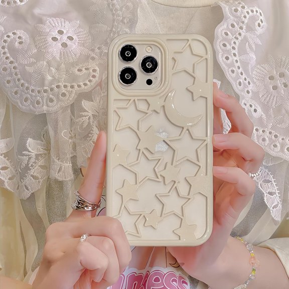 Compatible with iPhone 14 Pro Max Hollow Case Stars Moon Pattern Cute Fashion Unique Bling Glossy Heat Dissipation Cool Shockproof Protection Cover for Women Girls White
