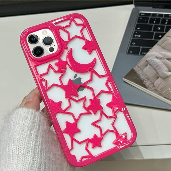 Compatible with iPhone 14 Pro Max Hollow Case Stars Moon Pattern Cute Fashion Unique Bling Glossy Heat Dissipation Cool Shockproof Protection Cover for Women Girls Rose