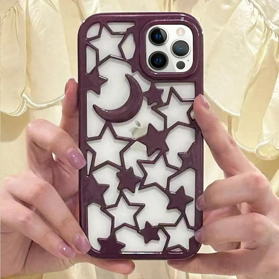 Compatible with iPhone 14 Pro Max Hollow Case Stars Moon Pattern Cute Fashion Unique Bling Glossy Heat Dissipation Cool Shockproof Protection Cover for Women Girls Purple