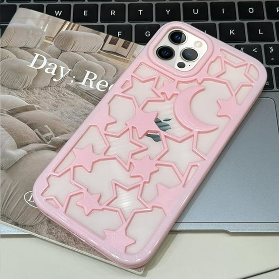 Compatible with iPhone 14 Pro Max Hollow Case Stars Moon Pattern Cute Fashion Unique Bling Glossy Heat Dissipation Cool Shockproof Protection Cover for Women Girls Pink